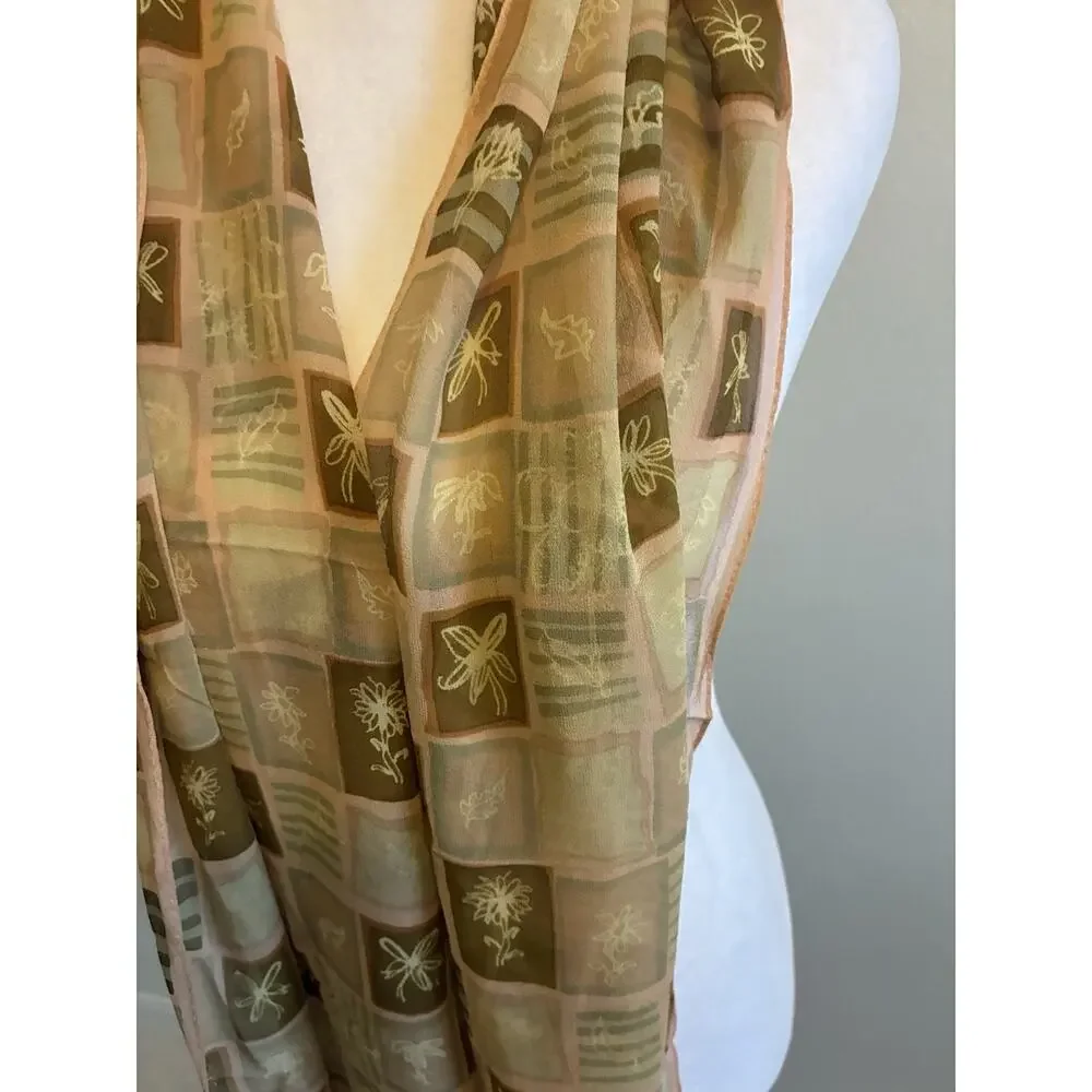 VTG Silk Chiffon Scarf Abstract Geometric Floral Designer Luxury Sheer Elegant